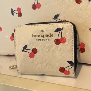 Kate Spade Dancing Cherrie Print Small Zip Around Bifold Wallet Cream Multi